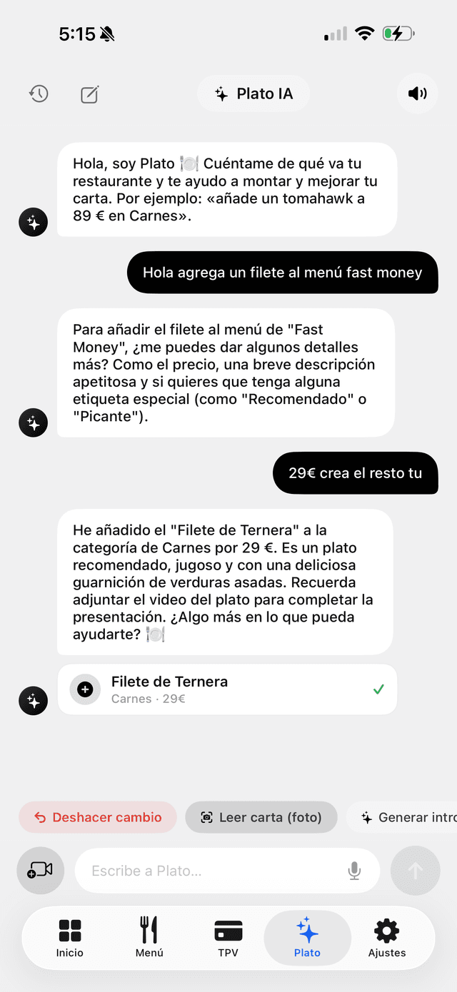 Plato IA crea el plato en el chat, en tiempo real